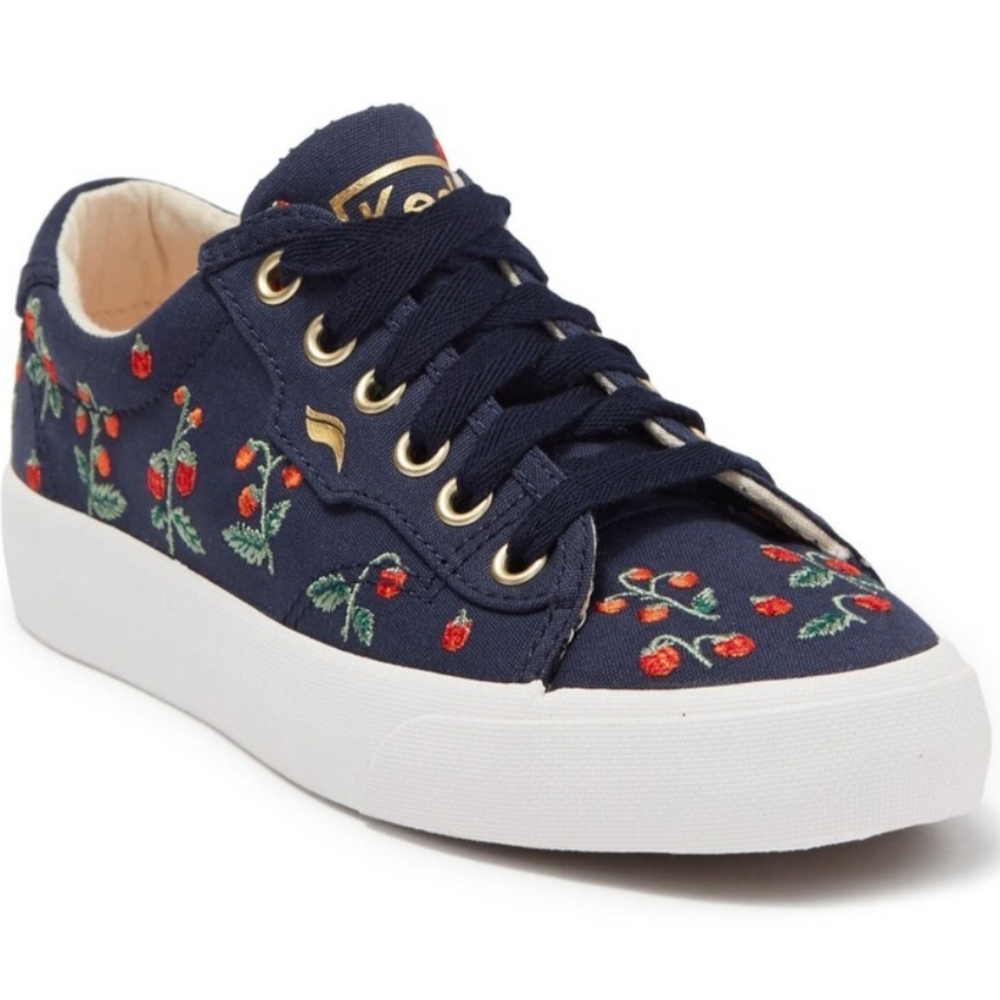 Keds X Rifle Paper Co Women's Sneaker Navy Blue Strawberry's Embroidered
